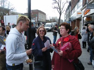 Gillian Norris and Ann Huish campaigning on Red Rose Day in Brentwood High Street Gillian Norris and Ann Huish campaigning on Red Rose Day in Brentwood High Street