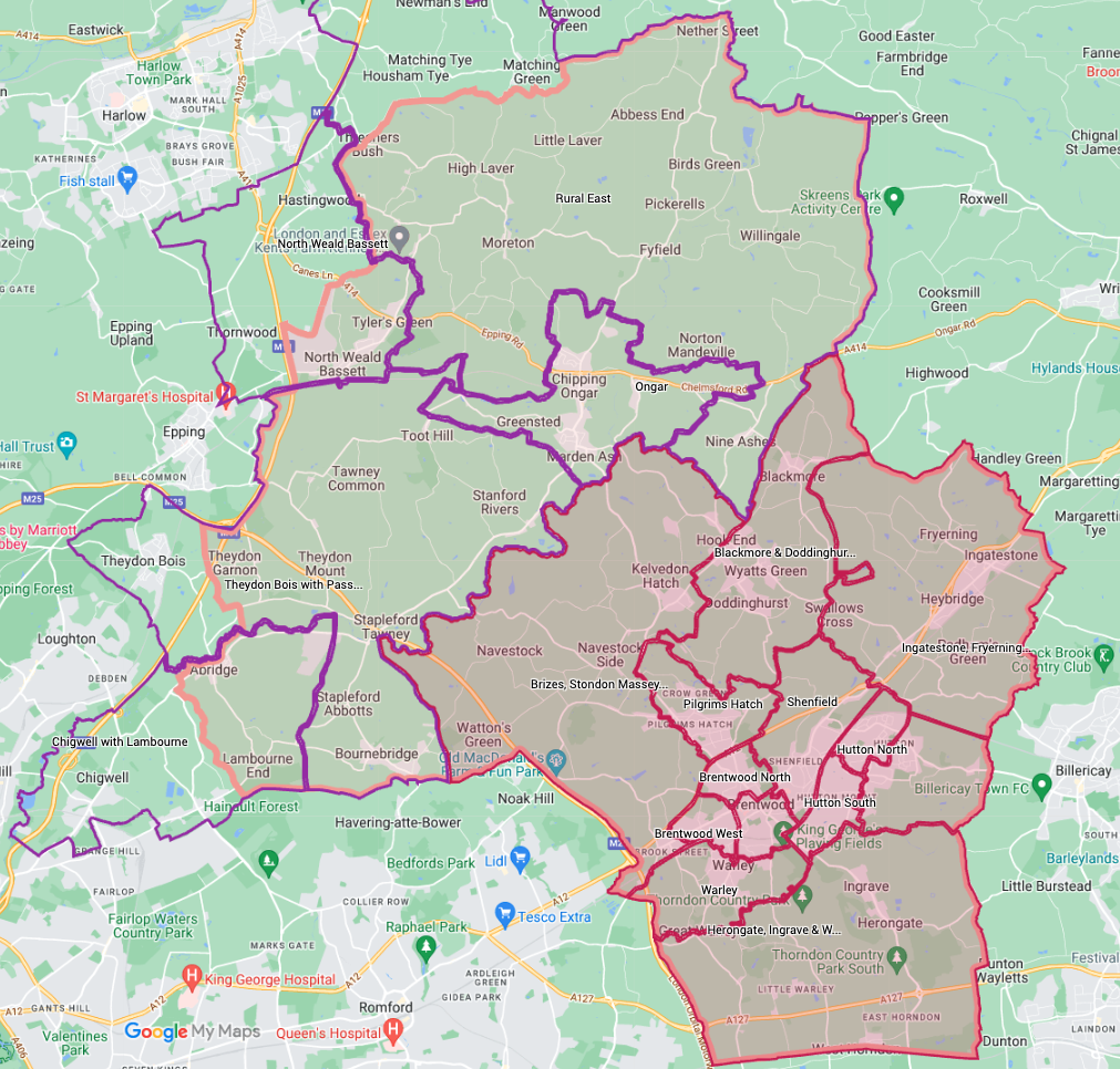 Map of the Brentwood & Ongar Constituency, with district council ward boundaries indicated.