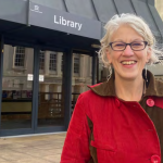 ELizabeth Jerrard standing in front of Brentwood Library